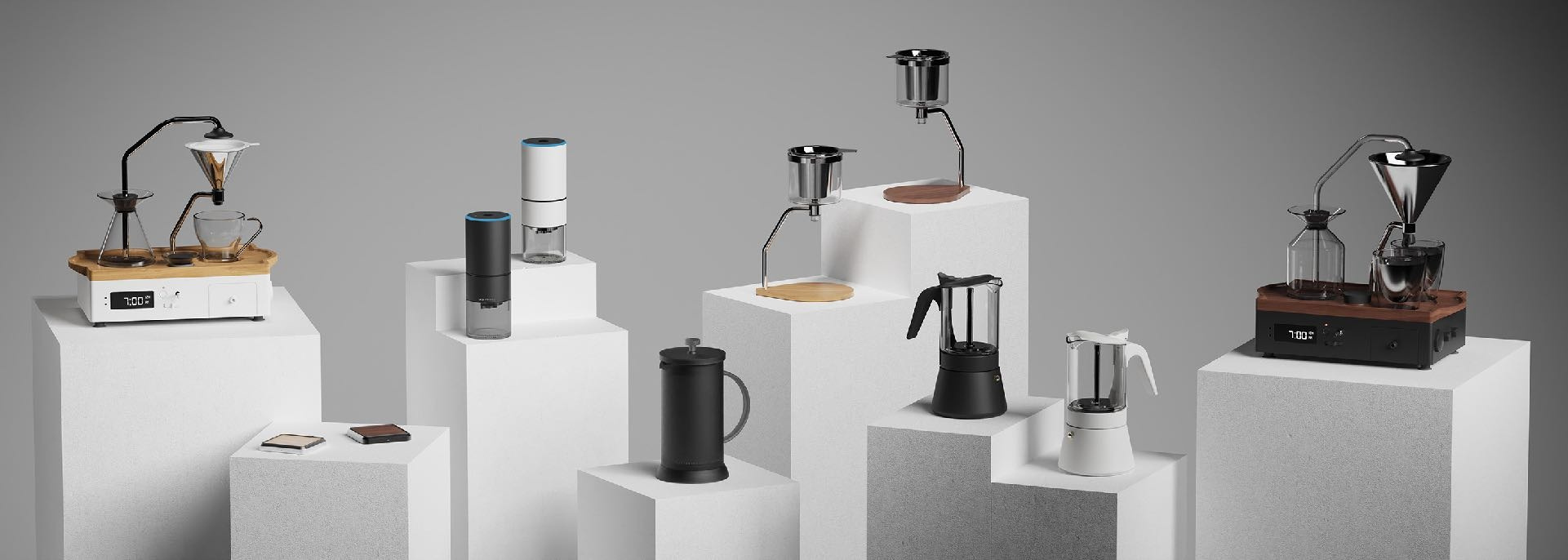 The Joy Resolve product lineup, Barisieur, Groove Compact grinder, Clear Brew Moka Pot, Clear Press cafetière and Wireless Charger.