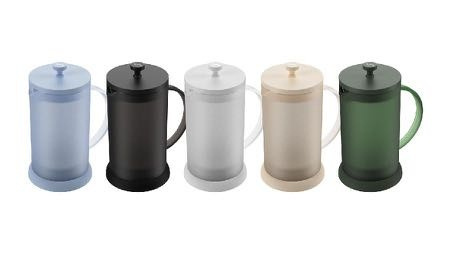 Five Clear Press cafetières in blue, black, white, beige and green, Joy Resolve's globally successful French press launch.